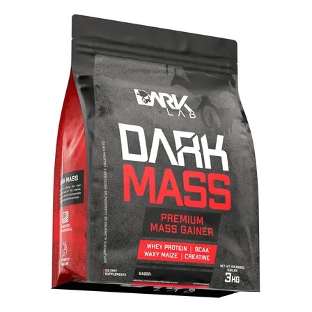 Embalagem de 3kg do suplemento hipercalórico Dark Mass da Dark Lab na cor preta com detalhes em vermelho
