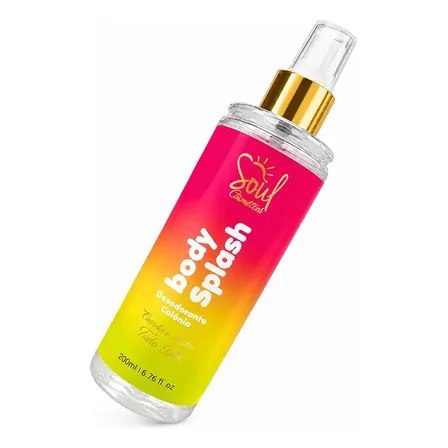 Frasco de Body Splash Virginia Fonseca de 200ml com tampa dourada e rótulo degradê nas cores rosa e amarelo