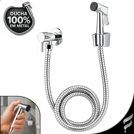 Ducha higiênica Softinox com registro de 1/4 de volta, mangueira flexível e gatilho, todos em metal cromado
