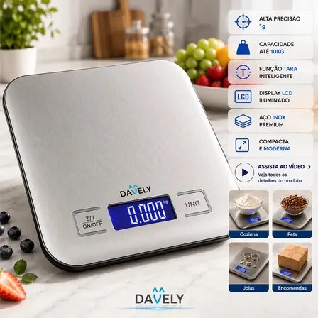 Balança digital de cozinha Davely em aço inox com display LCD azul, mostrando 0.000kg, cercada por frutas e com infográficos laterais sobre suas especificações técnicas e exemplos de uso.