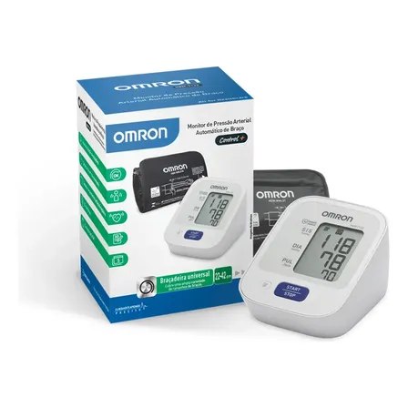 Monitor de pressão arterial de braço Omron HEM-7122 na cor branca ao lado de sua caixa original com braçadeira universal