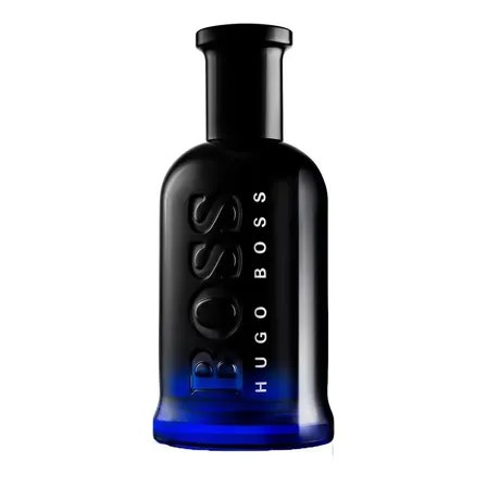 Frasco de perfume Hugo Boss Bottled Night de 100ml com vidro degradê azul escuro e preto e tampa preta