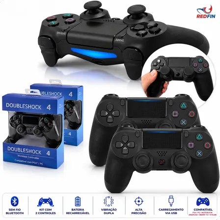 Kit com dois controles sem fio Redfin pretos para PS4, acompanhados de suas respectivas embalagens azuis e ícones de especificações técnicas na parte inferior.