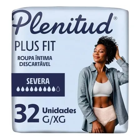 Embalagem de roupa íntima descartável Plenitud Protect Plus tamanho G/XG com 32 unidades, exibindo uma mulher vestindo o produto.