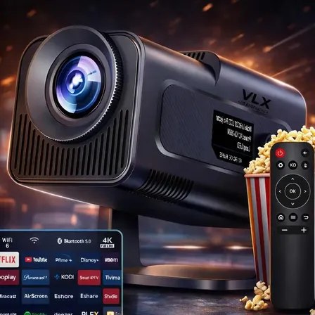Projetor Smart Hy320 na cor preta posicionado sobre uma base, acompanhado de um controle remoto e um balde de pipoca ao lado, com uma interface de aplicativos de streaming projetada em destaque.