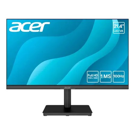 Monitor Acer MK221Q Bi de 21.4 polegadas com tela ligada exibindo fundo azul abstrato e especificações técnicas no canto inferior direito