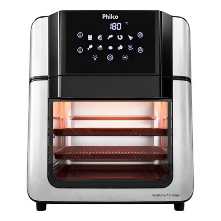 Air Fryer Philco PAF15A de 15 litros na cor preta, com painel digital touch na parte superior e porta de vidro frontal com luz interna acesa.
