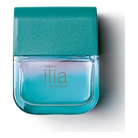 Frasco de perfume Natura Ilía Completa de 50ml com tampa e corpo em tons de azul e degradê