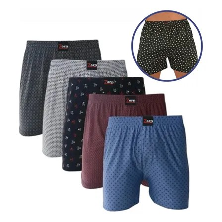 Kit com cinco shorts samba canção da marca Zorn, exibindo estampas variadas em tons de azul, cinza e vinho, com uma foto em destaque mostrando o caimento da peça no corpo.