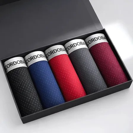 Kit com 5 cuecas masculinas Cordoba em microfibra dry fit, nas cores preta, azul, vermelha, cinza e vinho, organizadas dentro de uma caixa preta.