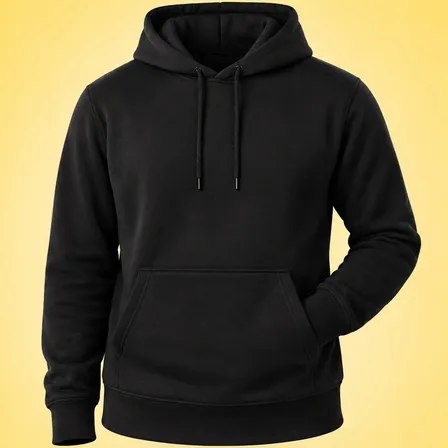 Moletom unissex preto de algodão flanelado com capuz, cordões de ajuste e bolso frontal estilo canguru em fundo amarelo