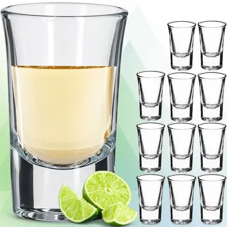 Kit com 12 copos de vidro para dose de 40ml, exibindo um copo em destaque com bebida e fatias de limão ao lado