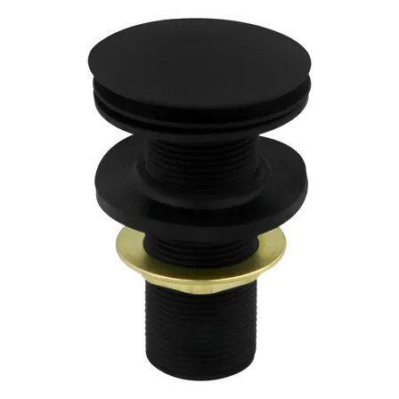 Válvula click para cuba com acabamento na cor preto fosco, fabricada em metal, exibindo o mecanismo de rosca e vedação na parte inferior.