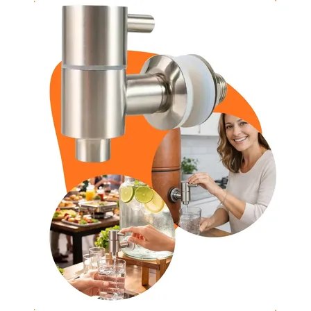 Torneira de luxo em aço inox para bebedouro, exibida em destaque com imagens de uso em ambiente doméstico e social