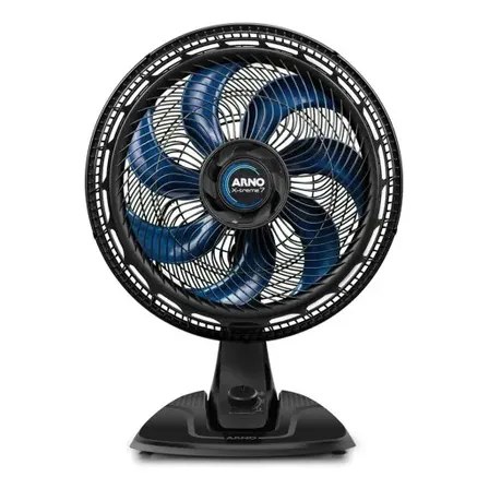 Ventilador de mesa Arno X-treme VE70 de 40 cm na cor preta, com grade frontal circular e hélices azuis visíveis.