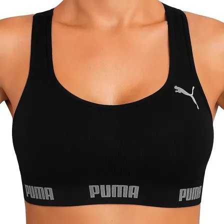 Top esportivo feminino da marca Puma na cor preta com logo prateado no peito e elástico com nome da marca na base