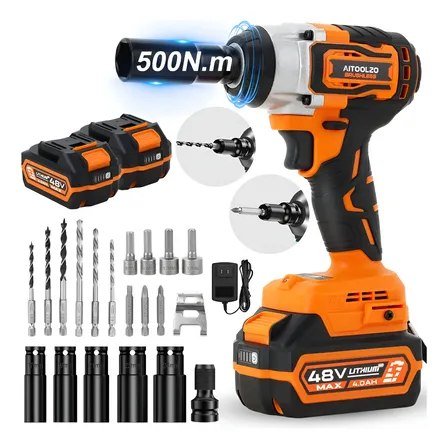 Furadeira e chave de impacto sem fio Aitoolzo 48V na cor laranja e preta, com bateria 48V Max 4.0Ah, acompanhada de carregador, conjunto de brocas, ponteiras e soquetes