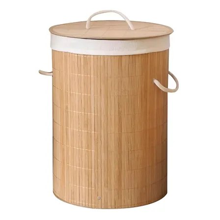 Cesto de bambu ecológico redondo na cor bege com tampa e alças laterais