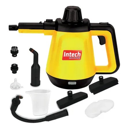 Vaporizador Intech Top Clean amarelo e preto com kit de acessórios incluindo bicos, escovas, copo medidor e mangueira extensora dispostos ao redor