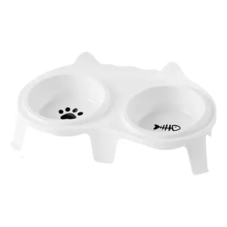 Comedouro e bebedouro duplo elevado de cerâmica branca com estampas de patinha e espinha de peixe