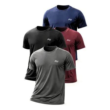 Kit com quatro camisas de treino da marca FU nas cores cinza, preto, vinho e azul marinho, dispostas em camadas.