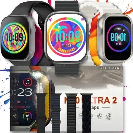 Smartwatch N10 Esporte na cor preta com tela full screen mostrando horario 10:09, acompanhado de quatro pulseiras intercambiaveis em cores preta, branca, azul e cinza, exibido ao lado da embalagem do produto