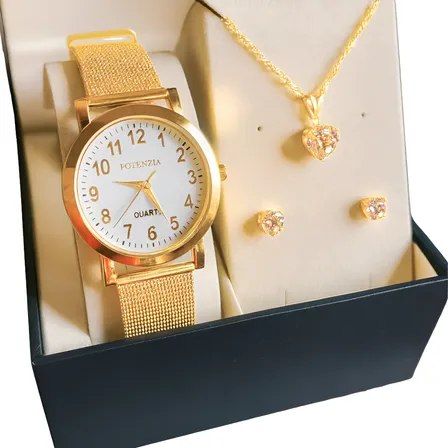 Conjunto feminino dourado contendo um relógio analógico da marca Potenzia com pulseira de malha metálica, um colar com pingente de coração e um par de brincos combinando, dispostos dentro de uma caixa de presente.