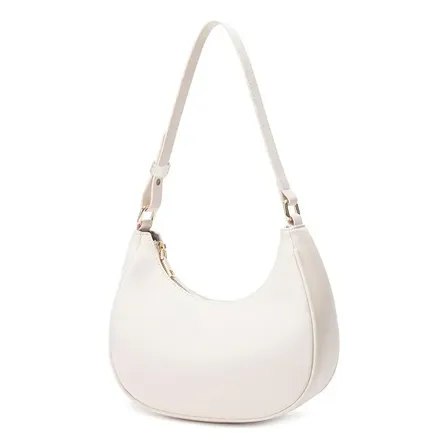 Bolsa de ombro feminina pequena na cor branca com alça transversal e fechamento por zíper em fundo branco
