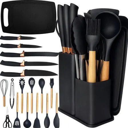 Kit Utensilios de Silicone com Cabo de Madeira e Facas Inox