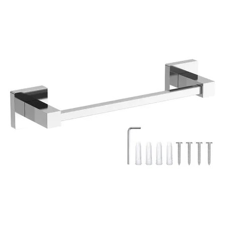 Porta toalha de rosto em aço inox com acabamento prateado e 30cm de comprimento, acompanhado de buchas, parforas e chave allen para instalação