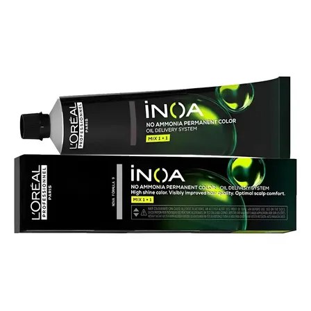 Embalagem da coloração L'Oréal Professionnel Inoa sem amônia com Oil Delivery System, nas versões Mix 1+1 e Normal Formula, na cor preta com detalhes verdes.