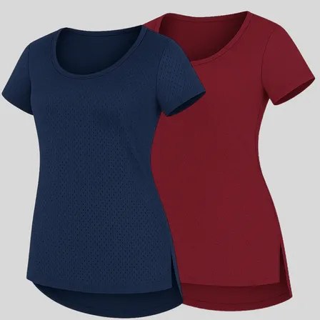 Kit com duas blusas fitness tapa bumbum, uma na cor azul marinho e outra na cor vinho, ambas com gola redonda e fendas laterais.