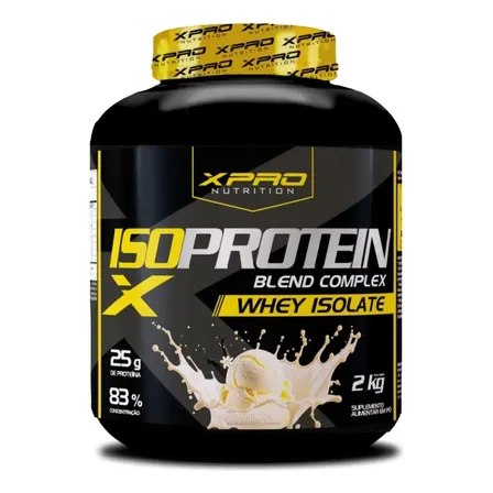 Pote de suplemento XPro Nutrition Iso Blend Complex Whey Isolate de 2kg sabor baunilha com rótulo preto e amarelo e imagem de splash de leite com sorvete