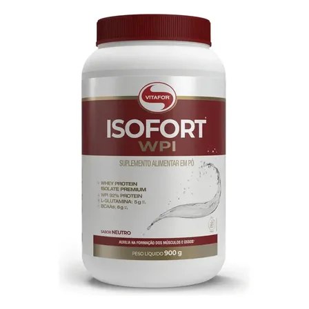 Pote de suplemento Vitafor Isofort WPI de 900g com tampa vermelha e rótulo branco contendo informações nutricionais