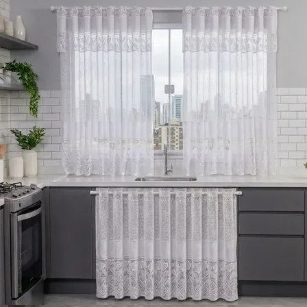 Kit Cortinas Cozinha Renda Tulipa para Janela e Pia
