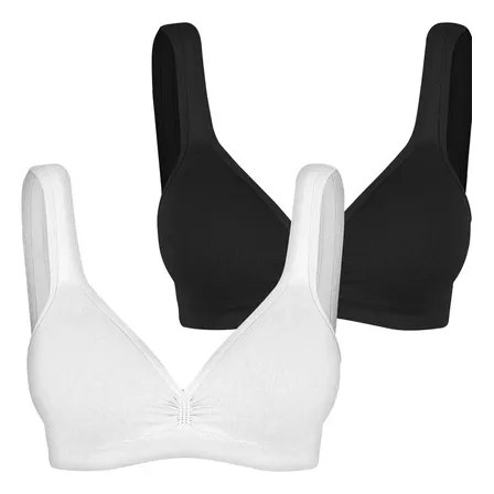 Kit com dois sutiãs Trifil Daily Top, um na cor branca e outro na cor preta, ambos com bojo e design sem costura.