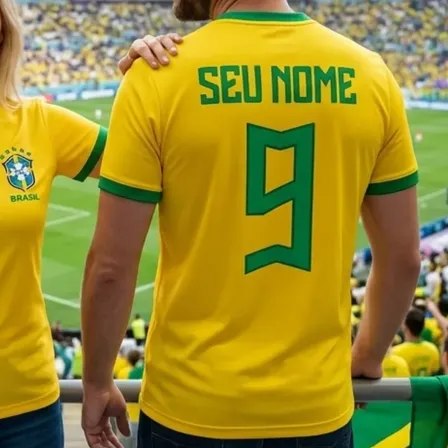Vista traseira de uma pessoa vestindo camiseta amarela da Seleção Brasileira em tecido dryfit, com o número 9 e o texto 'SEU NOME' estampados em verde nas costas, em um estádio de futebol.