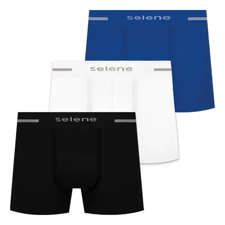 Kit com três cuecas boxer da marca Selene, sendo uma preta, uma branca e uma azul, exibidas em fundo branco.