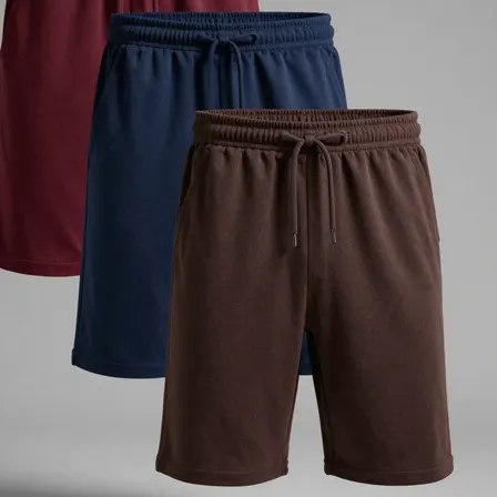 Kit com três bermudas de moletom nas cores marrom, azul marinho e vinho, todas com elástico e cordão na cintura