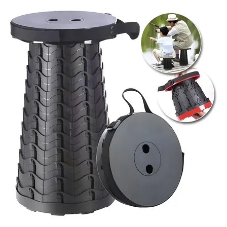 Banqueta retrátil preta em formato expandido ao lado da versão fechada e circular, com detalhe de uso em atividade de pesca