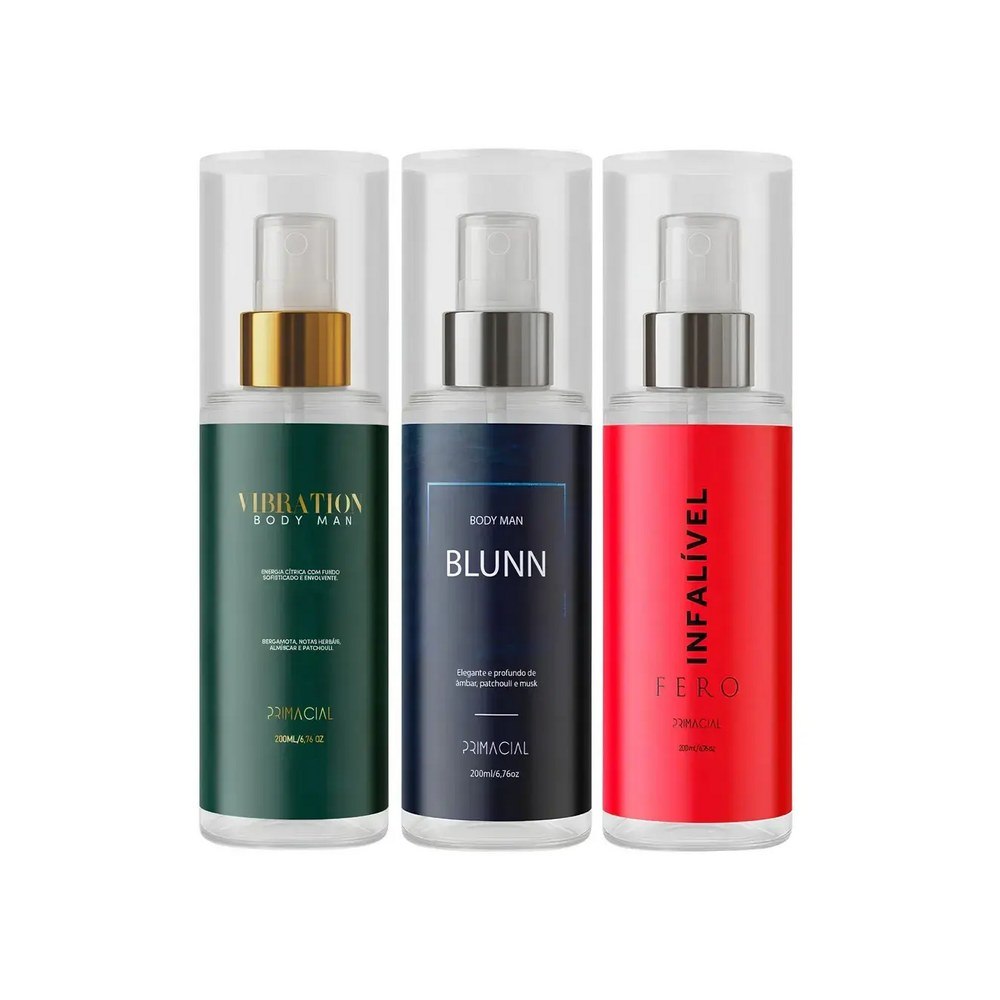 Kit 3 Perfumes Primacial Body Man Vibration, Blunn e Fero 200ml