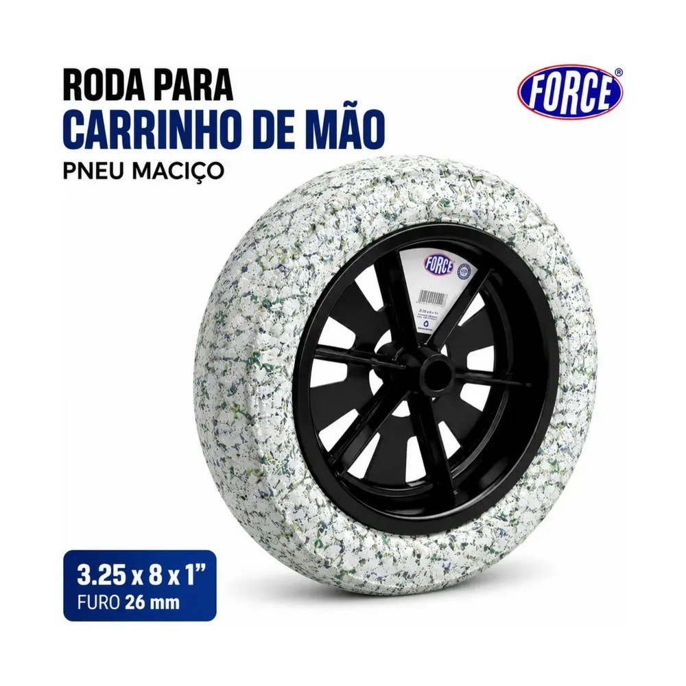 Roda para Carrinho de Mão Force Pneu Maciço 3.25 x 8 x 1 Furo 26mm