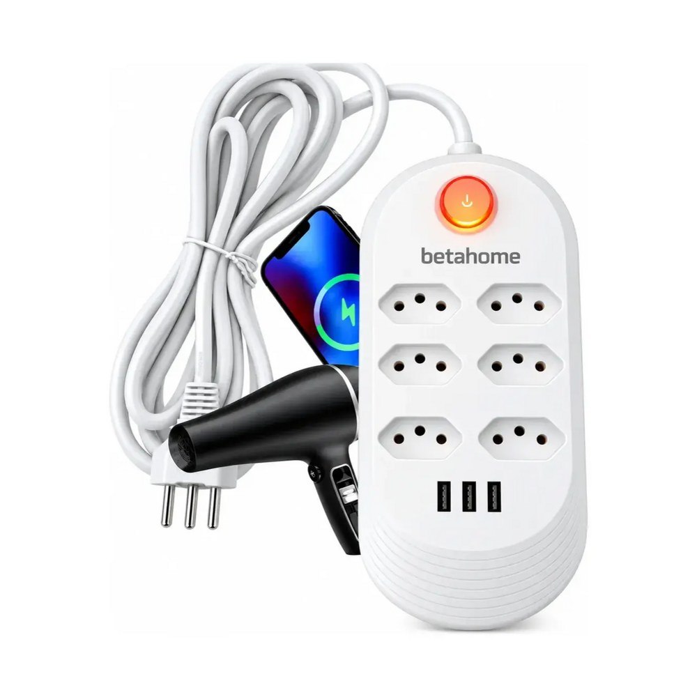 Filtro de Linha Betahome com 6 Tomadas e 3 USB para 2500W Bivolt