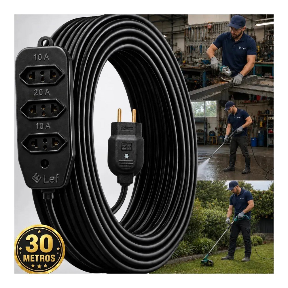 Extensão 30metros Cabo Pp Reforçada Obra Profissional 10A/20A Preto Two Lef
