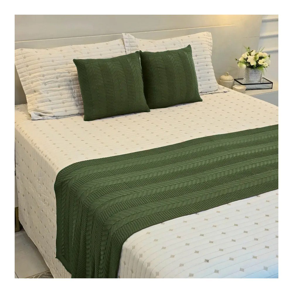 Kit Peseira Cama Casal Queen Trico Manta +2 Capas Almofadas