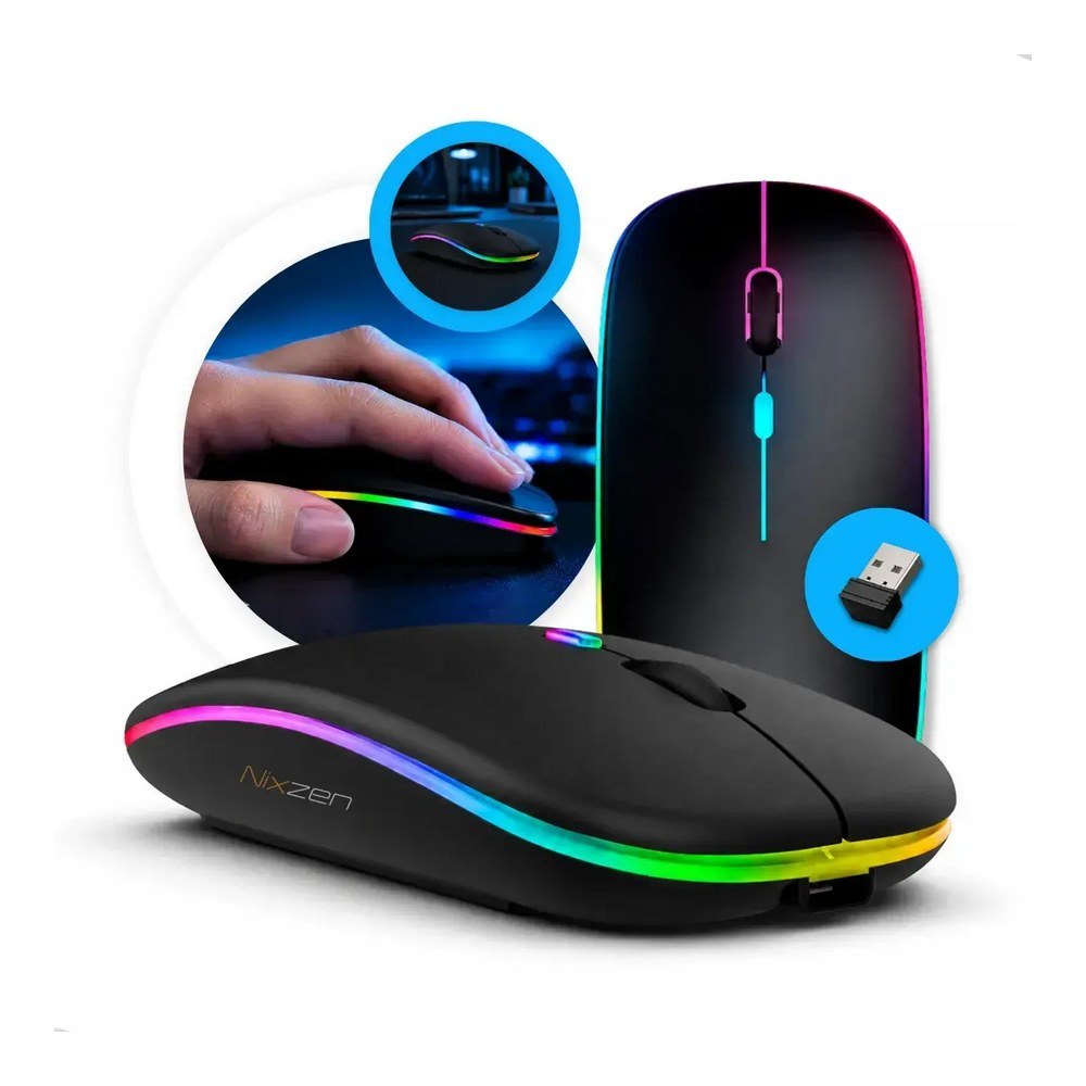 Mouse Sem Fio Recarregável Bluetooth Wireless Óptico Ergonômico Sem Fio Led Rgb Gamer Para Notebook Pc Tablet Smartphone Preto Nixzen