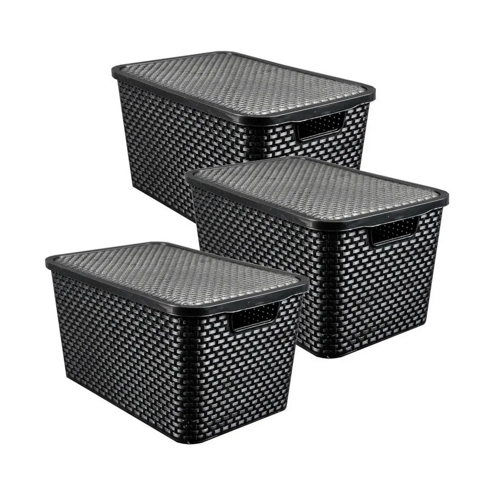 Caixas Organizadora Rattan 7 Litros C/ Tampa Preta Kit 3 Pçs Arqplast