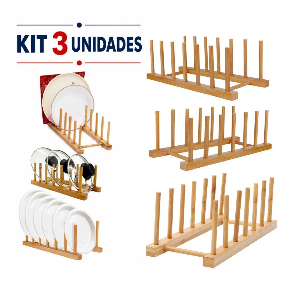 Kit 3 escorredor bambu organizador madeira bancada