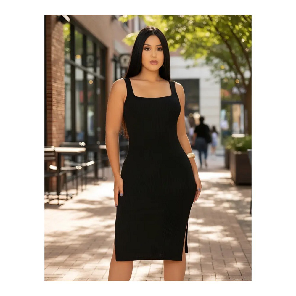 Vestido Midi Canelado Premium C/ Alça E Fendas Casual Básico