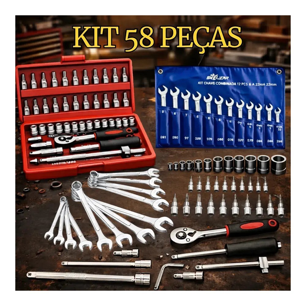 Kit Jogo de Ferramentas 58 Peças com Soquetes e Chaves